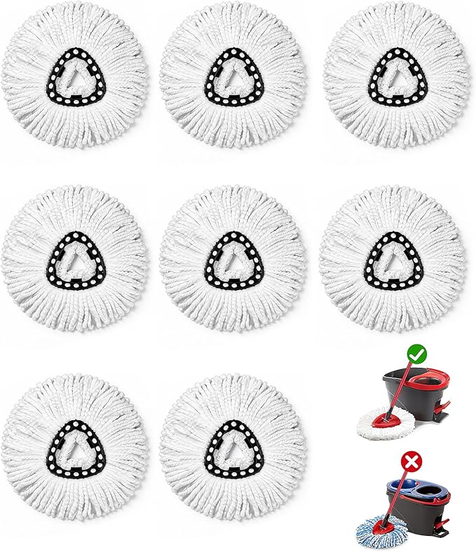 8 Pack Spin Mop Head Replacement for O-Ceda Easy Wring 1-Tank System, Microfiber Mop Refills, 360° Swivel, Deep Cleaning, Machine Washable & Easy to Replace (White)
