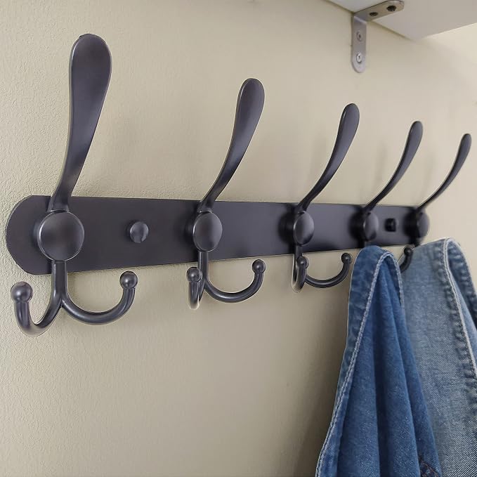 Dseap Coat Rack Wall Mounted - 5 Tri Hooks, Heavy Duty, Stainless Steel, Metal Coat Hook Rail for Coat Hat Towel Purse Robes Mudroom Bathroom Entryway (Black, 4 Packs)