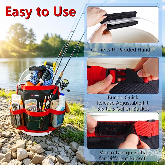 MELOTOUGH Bucket Car Wash Tool Organizer for Garden | Multiple Compartments, Fit 3.5-5 Gal Buckets, Classic Red, Durable Mesh Pockets, Water-Resistant, Easy To Carry