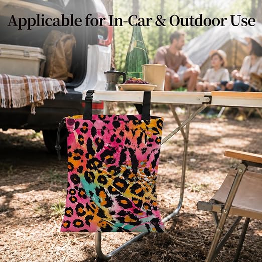 Colorful Leopard Print Car Garbage Bag Canvas Trash Can | Trendy Y2K Cheetah Print Drawstring Car Trash Bag Hanging for Back Seat with Adjustable Buckle