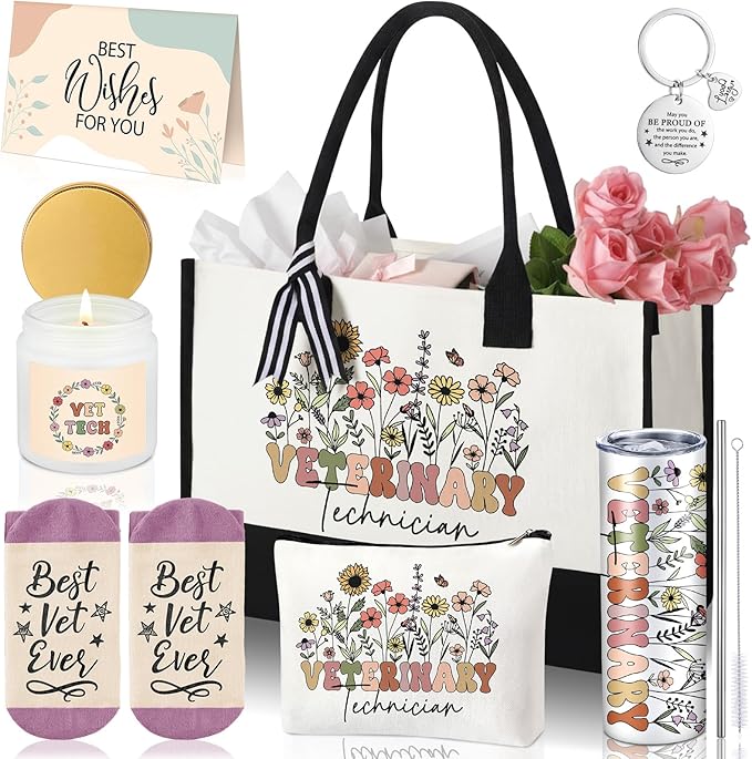 Patelai 7 Pcs Vet Tech Gifts for Women, Veterinary Technician Week Gift | Vet Assistant Appreciation Gift Set with 20oz Tumbler Canvas Tote Bag Candle for Thank You Veterinarian Birthday Pet Lover