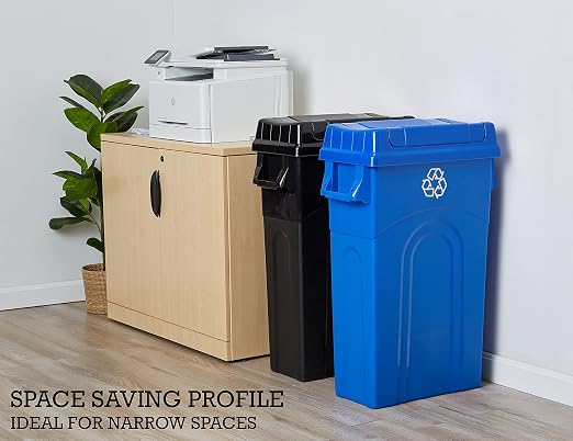 United Solutions 23 Gallon Highboy Plastic Recycling Bin Kitchen Trash Can with Lid, Pass Through Handles, and Dustpan Edge, Blue