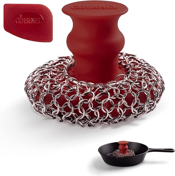 Cast Iron Chainmail Scrubber + Pan Scraper - Ergonomic Stainless and Silicone Cleaner for Pots and Skillets - Premium Food-Safe Design - Easy to Clean Dishwasher Safe Cookware Sponge Kitchen Accessory
