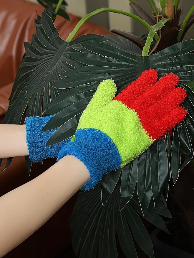 Patelai 3 Pairs Microfiber Dusting Gloves for Plants Leaf, Medium | Assorted Colors,Plant Cleaning Gloves, Reusable Washable Gloves,House Furniture Blinds Dusting