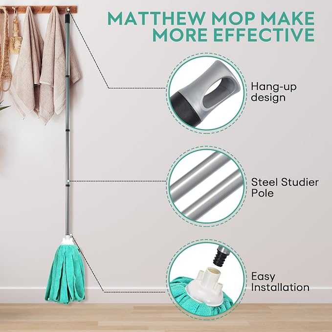 Matthew Microfiber Cloth Mop Compatible with Ceda Mop Refill Commercial Replacement 54" Stainless Steel Handle with 2 Wet Mop Heads w/1 Handle Incl.2Pcs Microfiber Towels-Green
