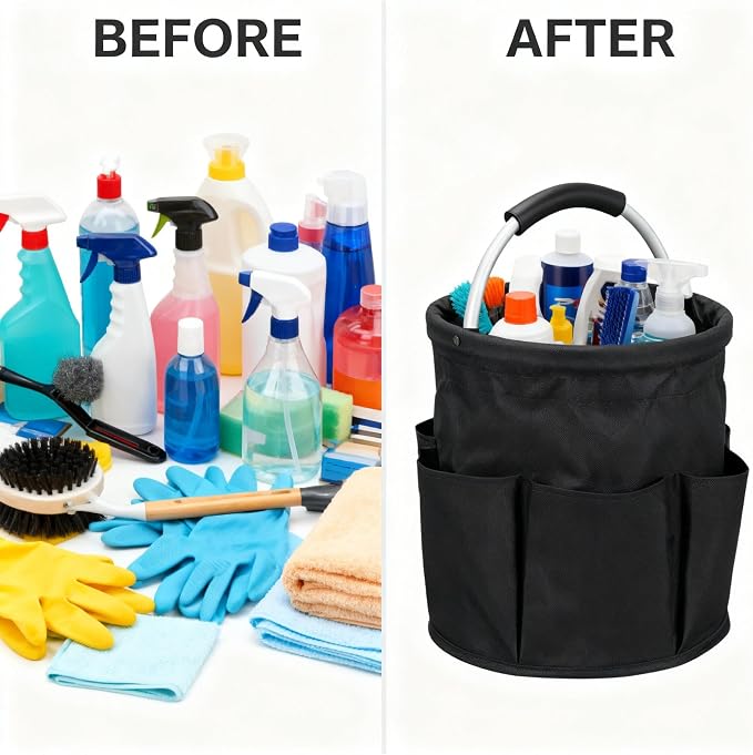 17L Foldable Cleaning Caddy with Handle - Portable Duty Tool Bag Cleaning Supply Organizer, Multi-Compartment Cleaning Bucket Storage Basket for Home Kitchen Bathroom (Black)