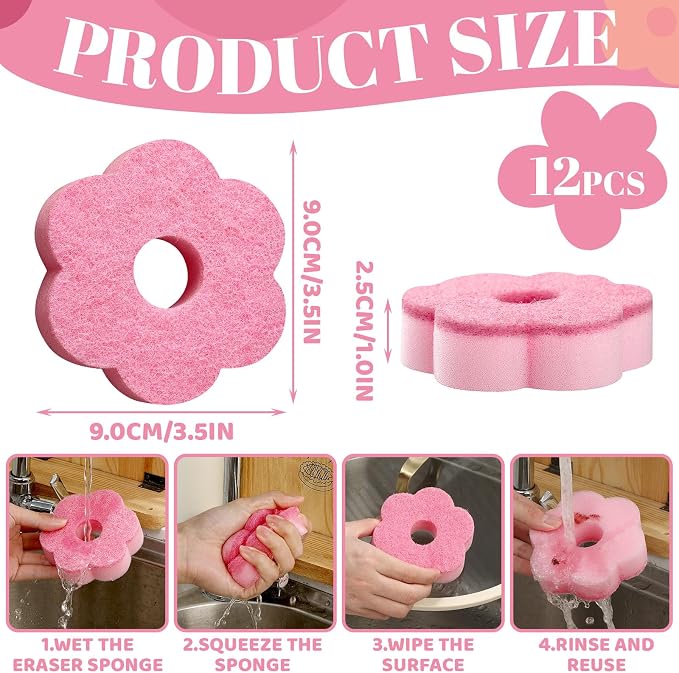 Tioncy 12 Pack Pink Flowers Sponges Sweet Flower Dual Sided Non Scratch | Reusable for Dishwashing Cookware Pot Pan, Cute Kitchen Cleaning Accessories, Non Scratch Bulk Household Supplies