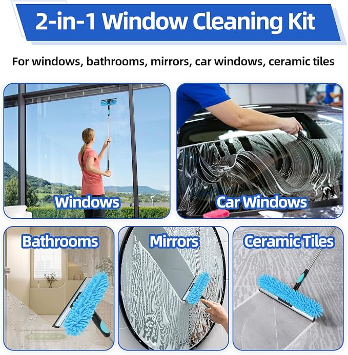 122'' Window Washing Kit with Extension Pole, 2-in-1 Window Cleaning Kit with Scrubber and Rotating Head, Window Cleaner Tool for Shower Rooms, Glass, Floors, Tiles, Walls, Car Windshields