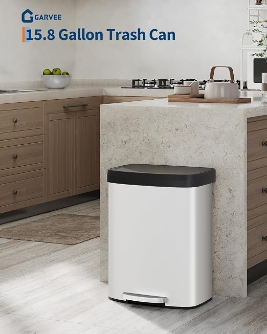 GarveeHome 16 Gal / 60 L Step-on Trash Can, Large Metal Kitchen Garbage Bin with Soft Close Lid, Rustproof Stainless Steel Trash Can, Inner Bucket Rim & Rear Handle, White