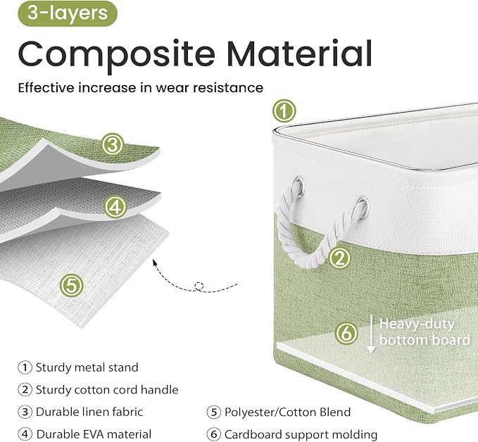 15x11x10 In Foldable Fabric Large Storage Bins with Handle 3 Pack | Organizer Baskets, Sturdy Metal Strand, Cardboard Support Molding, Storage Baskets for Shelves, Closet, Bedroom, White/Green