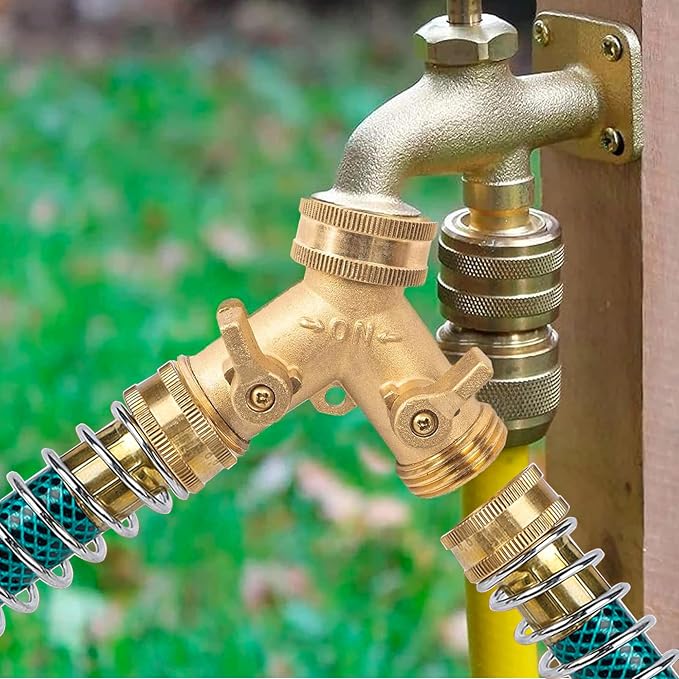 Hourleey 2 Way Hose Splitter, 3/4" Brass Hose Y Splitter with 2 PCS Garden Hose Extension Hose Coiled Spring Protectors and 6 Rubber Washers