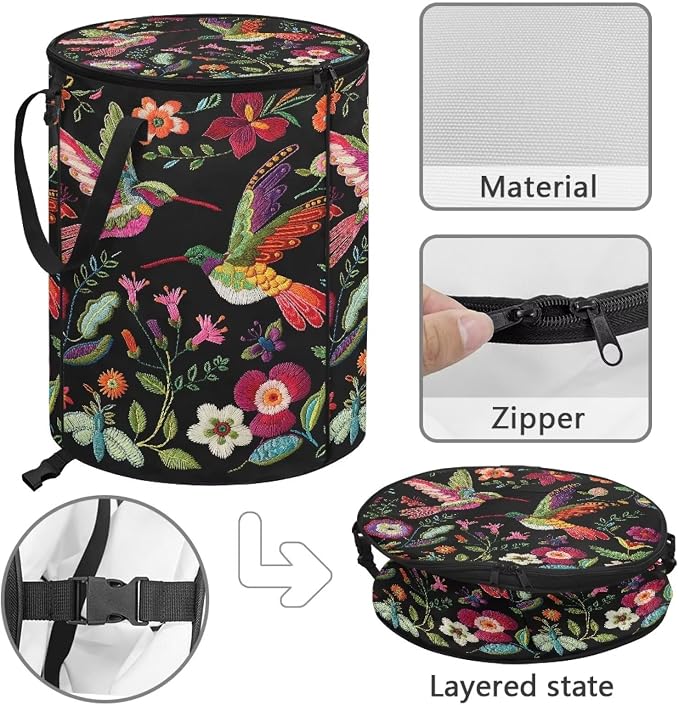 Vintage Flower Hummingbird Foldable Trash Bag with Lid and Handles 24 Gallon Large Capacity Collapsible Garden Leaf Bin Reusable Waster Bags for Camping Outdoor Picnics