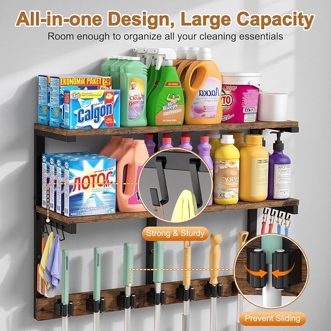 Housolution Wall Mount Broom Holder Hanger Laundry Room Storage Shelves | 2 Tier Large Capacity, Thickened Metal Frame, 100 LBS High Load-Bearing, Multifunctional with 7 Grippers & 8 Hooks