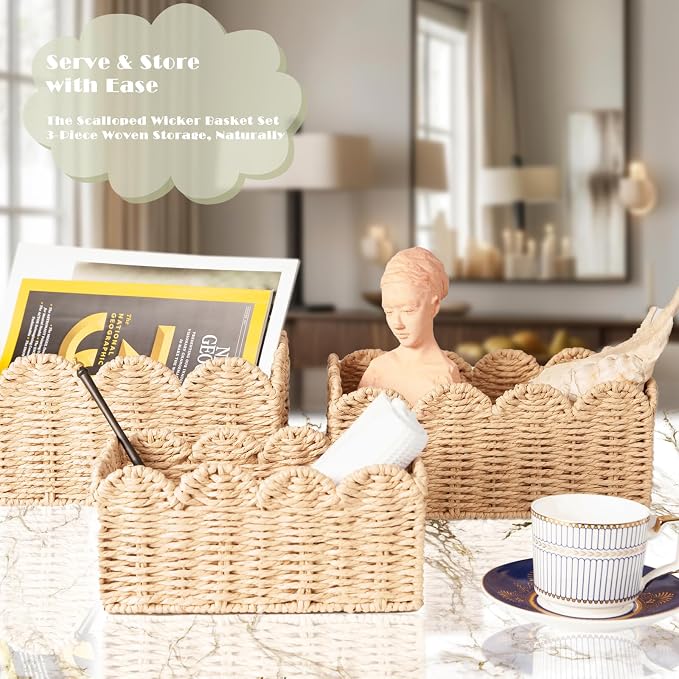 Scalloped Wicker Baskets Set of 3, Hand-Woven Storage with Handles | set of 3 beige scalloped baskets with handles. Hand-woven paper rope for shelves, bathroom or closet. Stackable, sturdy.
