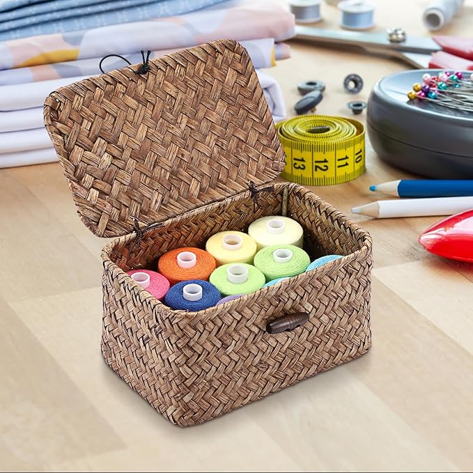 Hipiwe Small Wicker Basket with Lid Woven Seagrass Organizer, 6.1"x 4"x3.3" | Tabletop Desk Basket Holder Key Box for Entryway, Handmade Baskets Storage Bin for Hair Ties Candy
