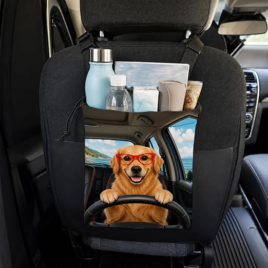 Funny Golden Retriever Car Trash Bag Hanging for Back Seat | Dog Canvas Drawstring Car Garbage Bag with Adjustable Buckle Vehicle Trash Can,Golden Retriever Lover Owner Gifts