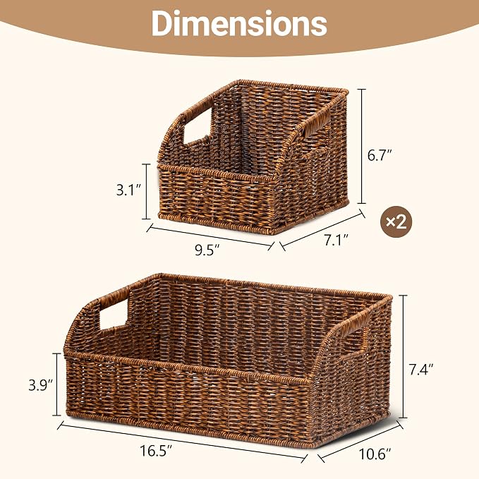 Brownlily Faux Wicker Pantry Storage Baskets, Brown-Double Set (6-Piece) | Handwoven Baskets for Organizing with Built-in Handles, All-Purpose Storage Baskets with Chalkboard for Shelves,Laundry Room