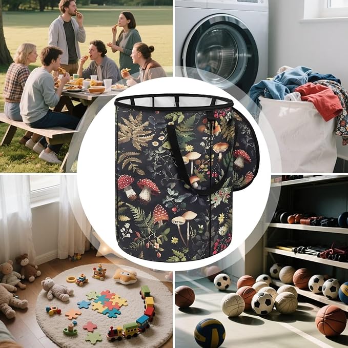 Leaves Mushroom Outside Garbage Can with Lid 24 Gallon Collapsible Trash Can Easy to Clean Pop-Up Storage Bag for Outdoor Parties Foldable Reusable Trash Bin Camper Must Haves