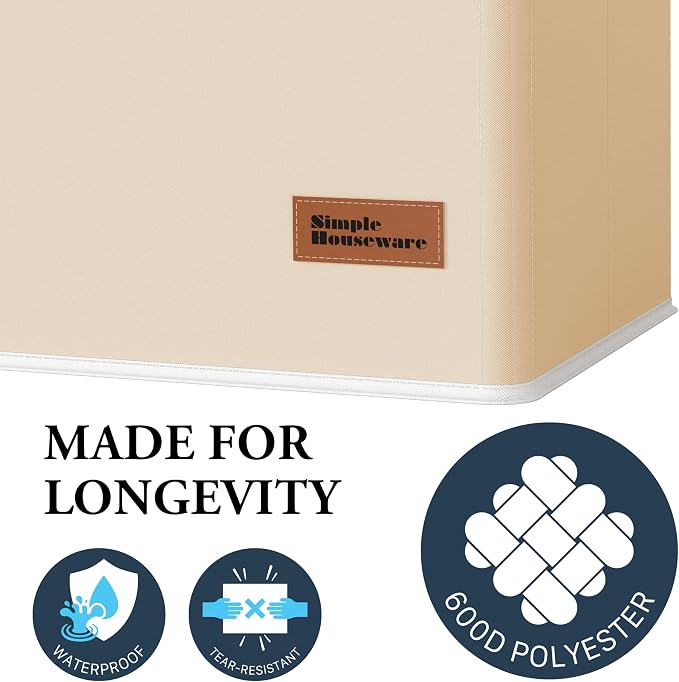 Simple Houseware Foldable Laundry Hamper Basket with Lid and Bag, Beige | Heavy Duty 600D Polyester, Water-Resistant Surface
