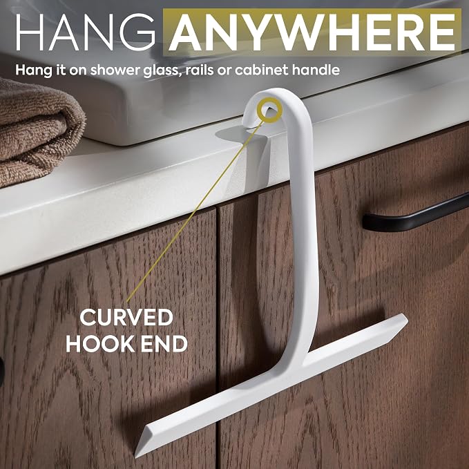 Shower Squeegee for Glass Doors, 10″ White with No-Drill J-Hook | Hang Anywhere Without Adhesive, Seamless One-Piece Silicone, Encased Steel Core, Streak-Free Shower Squeegee for Glass & Tile