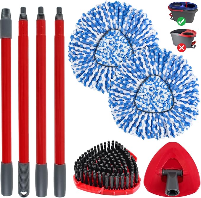 Spin Mop Handle Replacement for Ocedar, Mop Heads Replacements Compatible with RinseClean 2 Tank System, Include 2 Microfiber Spin Mop Replace Heads,4 Section Iron Mop Handle,1 Base and 1 Scrub Brush