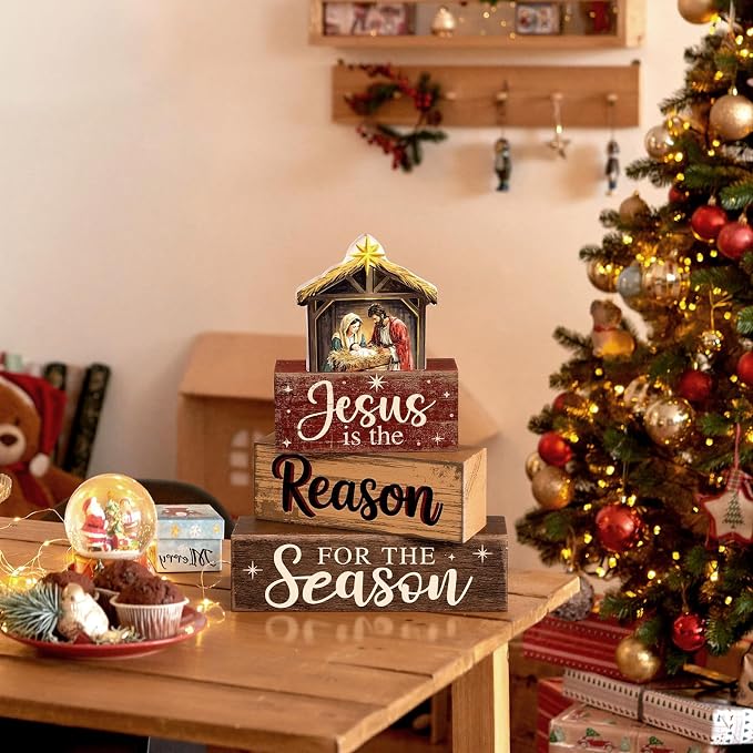 Moucuny 4 Pcs Christmas Table Decor Christian Nativity Scene Wooden Blocks | Tiered Stacked Centerpiece for Shelf Mantel, Rustic Christmas Holiday Decor with Manger Scene Star Topper, Layered Display