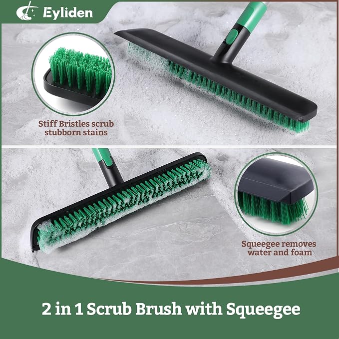 Eyliden Scrub Brush with Squeegee, Floor Deck Tile Bath Cleaning Scrubber | 15-inch Wide, 45° Angle 2-in-1 Stiff Bristles & Rubber Head, 55" Telescoping Long Handle, for Shower Kitchen Patio Garage