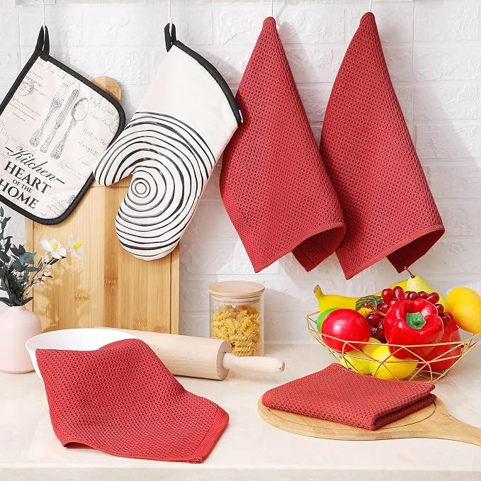 Homaxy 100% Cotton Waffle Weave Kitchen Dish Cloths 12-Pack, Brick Red | 12 x 12 Inches, Ultra Soft Absorbent Dish Towels, Quick Drying Dish Rags with Hanging Loop