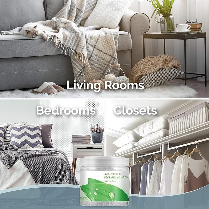 SMELLS BEGONE 14oz Crystal Odor Eliminator - Absorb & Eliminate Odors in Homes, Offices, Bathrooms, Basements, Garage, Cars, RVs & Boats - Remove Tough Odors (Calming Rain, 2-Pack)