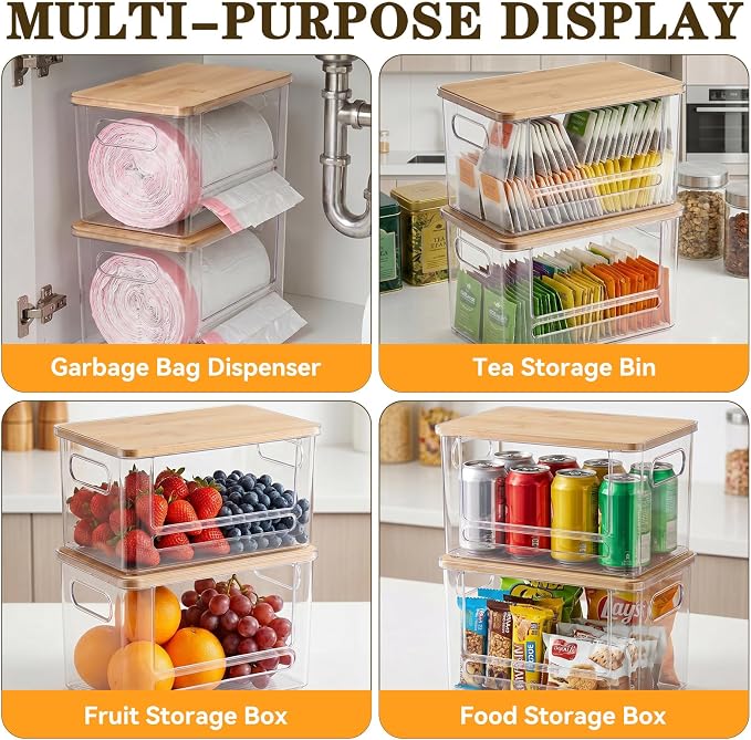 Trash Bag Dispenser Under Sink Organizer for Pantry, Kitchen, 2 Pack | Acrylic Garbage Bag Dispenser, with Bamboo Top & Handles, Extra Large, Keep Onions and Potatoes Neat, Clear, Stackable