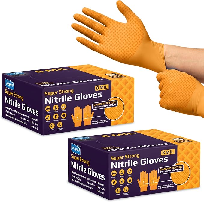 Inspire Heavy Duty Orange Nitrile Gloves | ULTRA 8 Mil Diamond Textured Grip | Industrial Mechanic Disposable Cleaning Gloves
