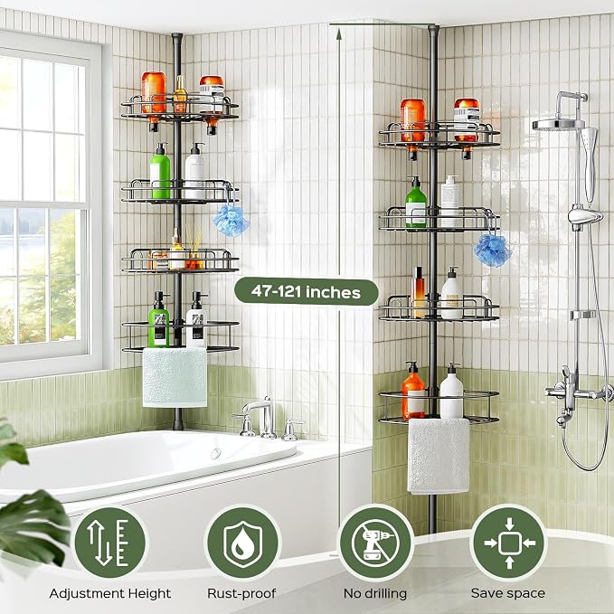 HAMITOR Corner Shower Shelves, 4-Tier AdjustableTension Caddy for Renters | Black Rust-Resistant Bathroom Organizer, No-Drill Quick Install, Space-Saving Storage Shelves For Families 47.7-123.6 Inch