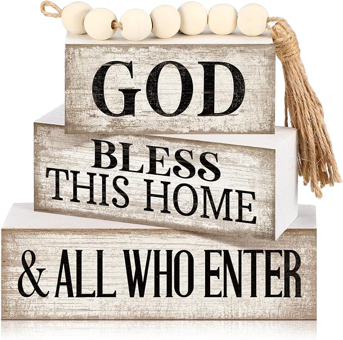 Moucuny 4 Pcs Christian Table Decor Rustic God Bless This Home Stacked Sign | Christian Living Room Mantle Decor, Stackable Signs with Bead Tassel, God Bless Theme, Rustic Centerpiece Gift for Home
