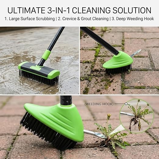 3-in-1 Deck Brush with Long Handle, Weed Brush | 3-in-1 outdoor brush with steel bristles, weed hook & long handle for cleaning patios, decks, driveways and cracks