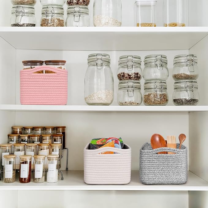 Goodpick 3-Pack Storage Baskets, Dorm Decor for Gifting, 13 x 8 x 5 in | Woven Baskets for Shelves, Closet Organizer Bins,Empty Baskets for Gifts, Woven Basket for Play Room, Pink