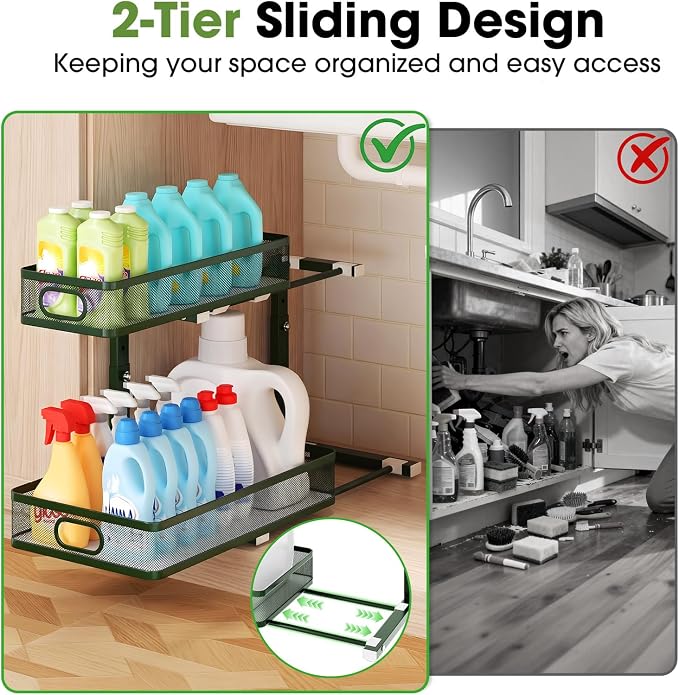Under Sink Organizer, 2-Tier Pull-Out Cabinet Storage Shelf, Dark Green | Under Kitchen Sink Organizer, 5 Height Adjustable, Sliding Mesh Drawers for Bathroom Pantry Laundry Organization Rack