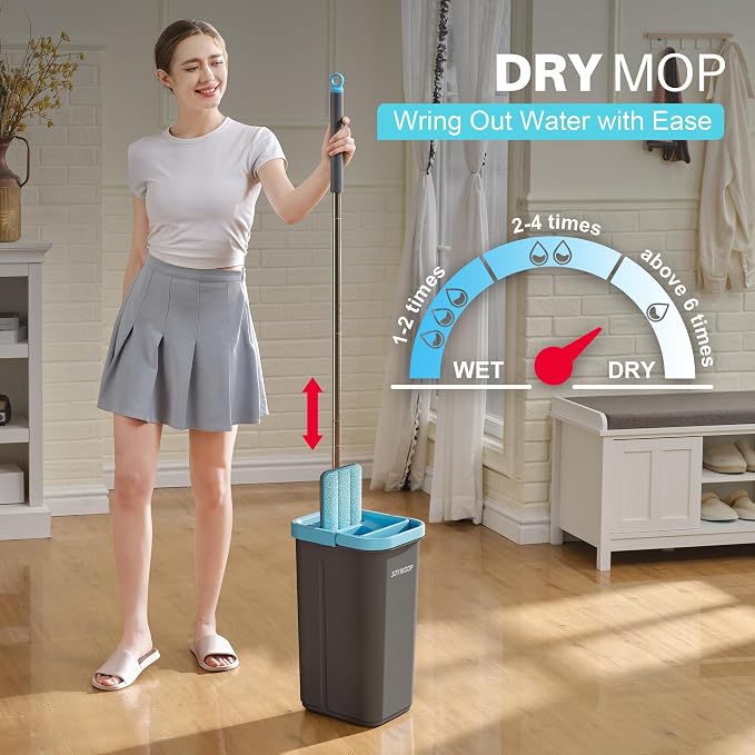 JOYMOOP Mop and Bucket Set with Wringer, with 3 Reusable Microfiber Mop Pads, Mops for Floor Cleaning and Wall Cleaning, Hands-Free Flat Mop for Home Use - Grey+Cyan Blue