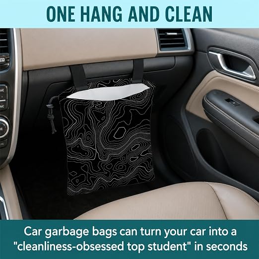 Modern Abstract Topographic Car Trash Bag Hanging for Back Seat | Black White Topography Map Canvas Drawstring Car Garbage Bag with Adjustable Buckle Vehicle Trash Can