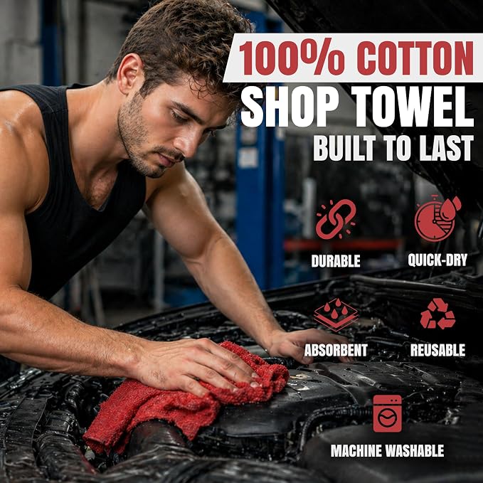 Premium Shop Towels Bulk, 100 Pack, 13”x14”, Reusable Red Towels, Durable & Multipurpose 100% Cotton Cleaning Towels for Auto, Oil, Grease, Paint, Garage, Workshop, Industries & Home Use