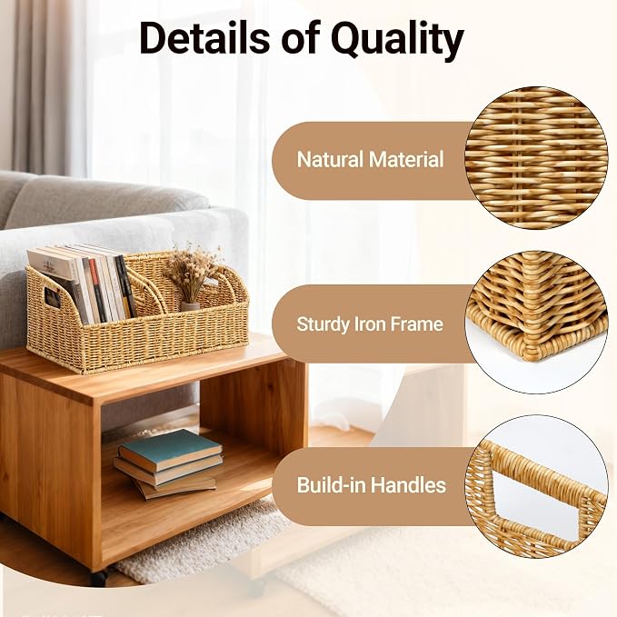 Brownlily Faux Wicker Pantry Storage Baskets, Natural-Double Set (6-Piece) | Handwoven Baskets for Organizing with Built-in Handles, All-Purpose Storage Baskets with Chalkboard for Shelves,Laundry Room