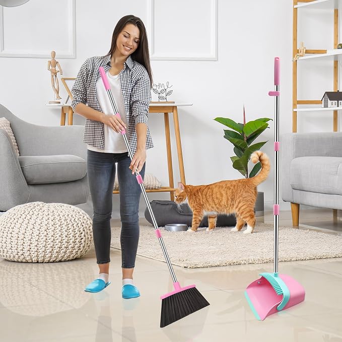 Broom and Dustpan Set, 52-in Long Adjustable Handle Broom Dustpan Combo with Dust pan Teeth to Automatically Clean Hair Suitable for Home Kitchen Office Hall Floor (Pink&Blue), 2 Pack
