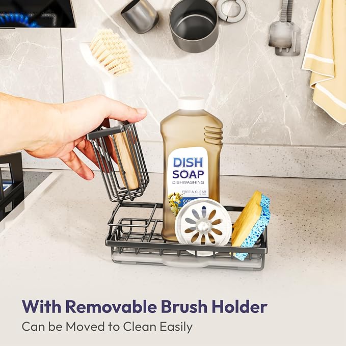 SWTYMIKI Sink Caddy Sponge Holder - Kitchen Sink Organizer with High Brush Holder for Countertop to Hold Dish Soaps and Sponges, Stainless Steel, Black (Pack of 2)
