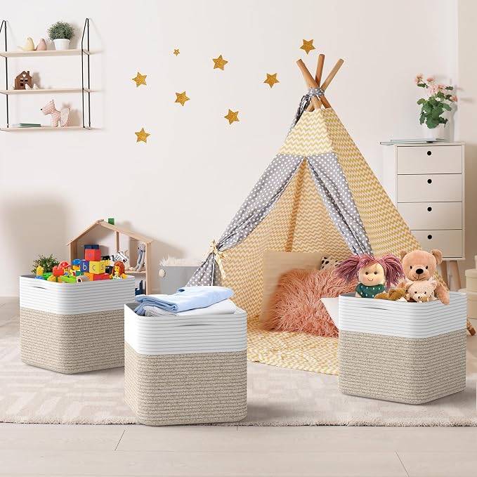 Storage Cotton Cubes 11 Inch, Woven Cotton Rope Storage Baskets for Toys Blanket Organizing, Storage Bins Decorative Organizer with Handles for Living Room Laundry Room Closet (3 Pack, Oatmeal Brown)
