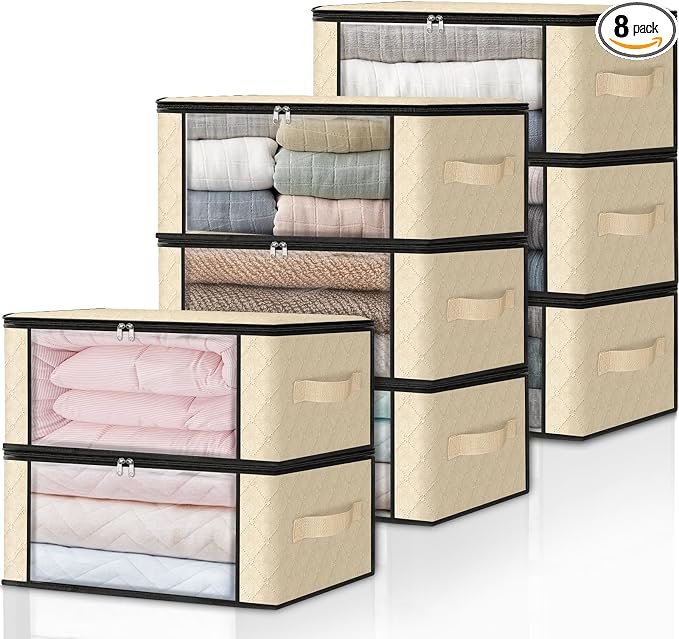 HomeHacks 8-Pack Clothes Organizer Storage Bags, 35L Storage Bins, Beige | Foldable Storage Box Container with Zippers, Clear Window, Reinforced Handles for Closet, Dorm, Pillows, Bedding, Sweater