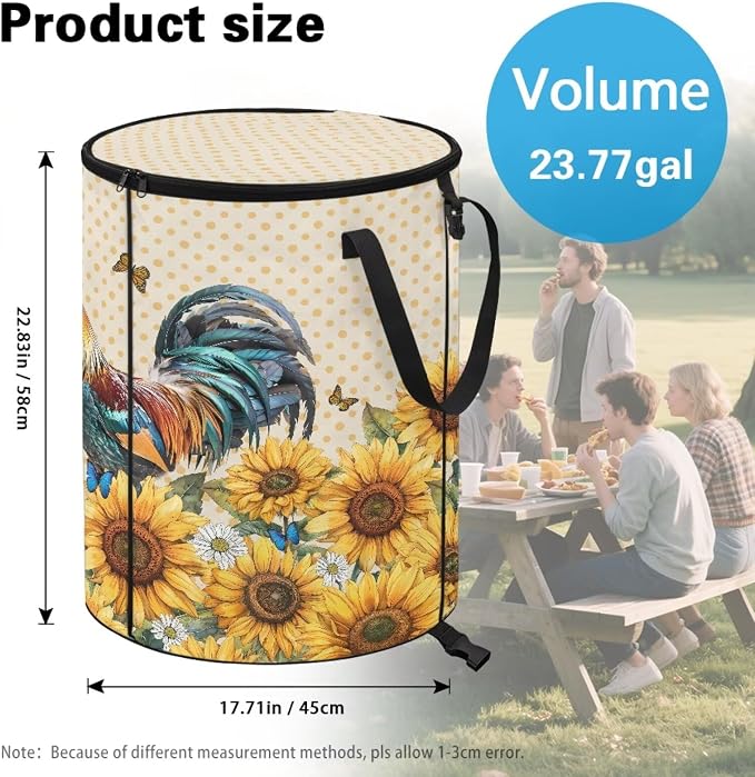 Sunflower Rooster Outdoor Collapsible Trash Can Lightweight & Easy to Carry Pop up Trash Can for Camping Foldable Waterproof Camping Essentials 24 Gal Yard Garden Garbage Bin