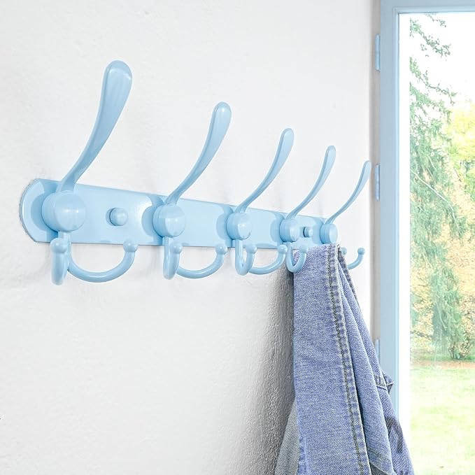 Dseap Coat Rack Wall Mounted - 5 Tri Hooks, Heavy Duty, Stainless Steel, Metal Coat Hook Rail for Coat Hat Towel Purse Robes Mudroom Bathroom Entryway (Blue, Pack of 2)