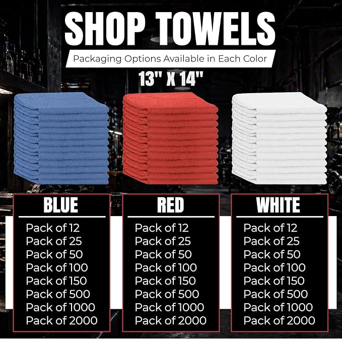 Premium White 100% Cotton Shop Rags Bulk, 150 Pack, 13”x14”, Reusable Lint Free Shop Towels, Commercial-Grade Cleaning Shop Cloths for Oil, Grease, Garage, Workshop, Industrial & Home Use