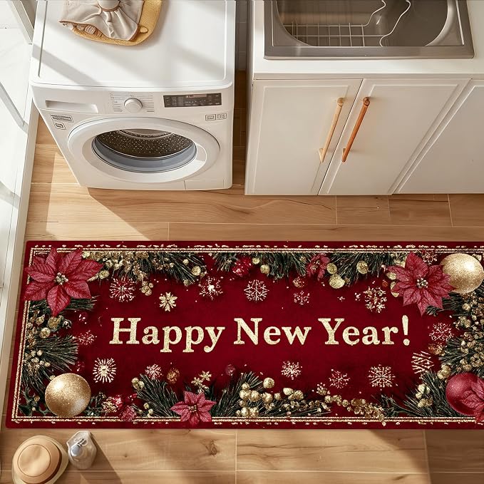 ANNA QUEEN Happy New Year Laundry Room Rug Runner 20x47 Inch -Waterproof Non-Slip Red Poinsettia Floor Mat for Front Load Washer Dryer,Washable Kitchen Decor, Machine Washable
