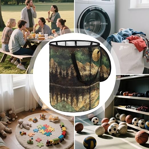Landscape Moon Collapsible Trash Can with Lid Waterproof Bedroom Trash Can Decorative Portable Outdoor Waste Bin for Camping, Yard Waste, Picnic