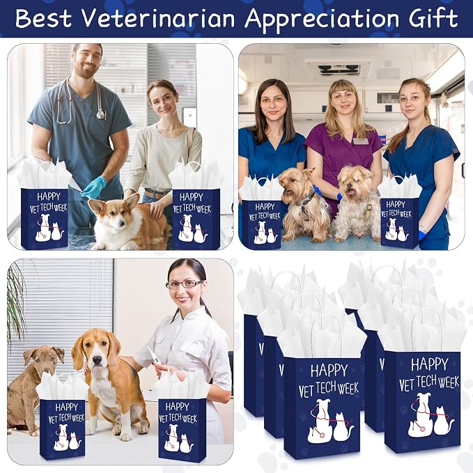 TaoBary 12 Sets Vet Tech Week Gift Veterinary Technician Paper Gift Bag | with Tissue Paper, Veterinarian Treat Bags with Handles, Vet Tech Appreciation Accessories for Assistant Pet Lover